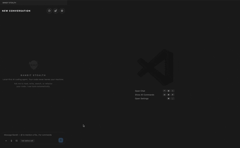 Bandit Stealth in VS Code — agent reads, writes, runs commands, with diff approval